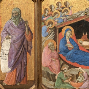 Jesus' fødsel flankeret af profeterne Esajas og Ezekiel. Maleri af Duccio di Buoninsegna ca. 1311. Kilde: Wikimedia Commons.