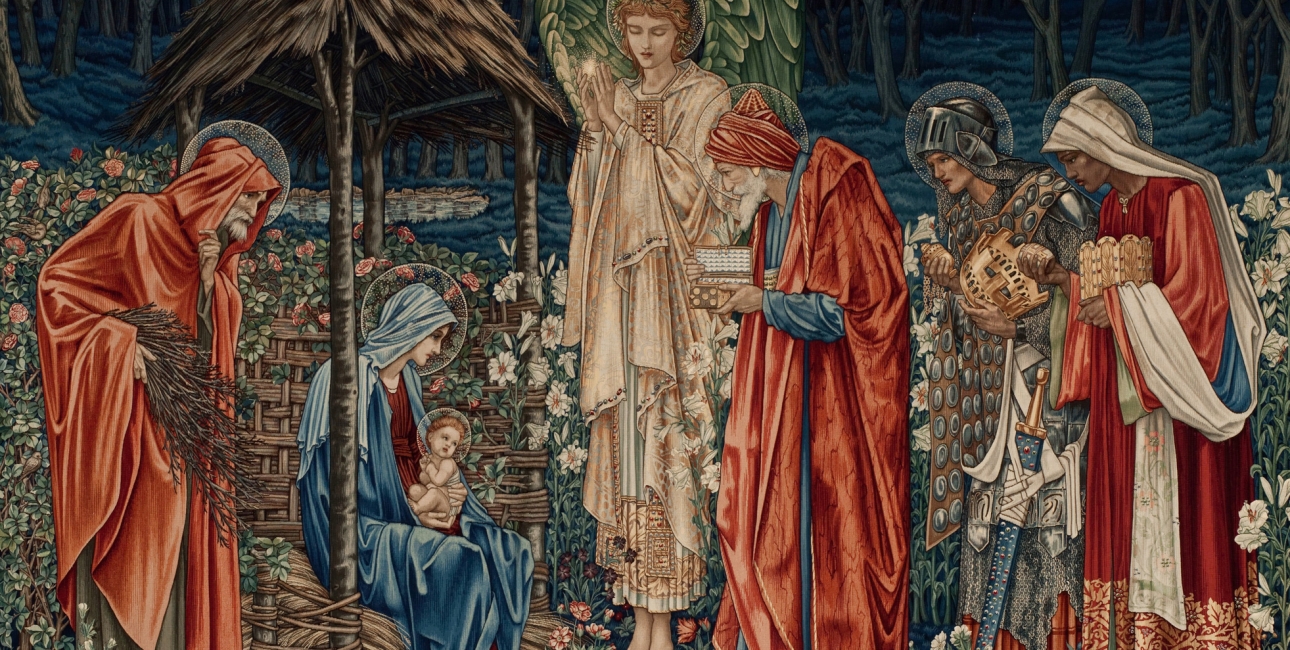 De helligtrekonger bringer gaver til Jesusbarnet. Gobelin af Edward Burne-Jones.