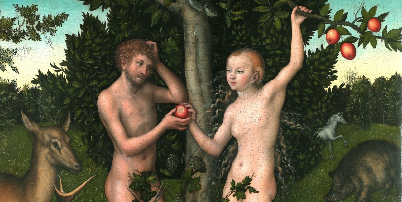 Adam og Eva lever i Paradisets Have indtil de forbryder sig mod Guds vilje. Maleri af Lucas Cranach den ældre.