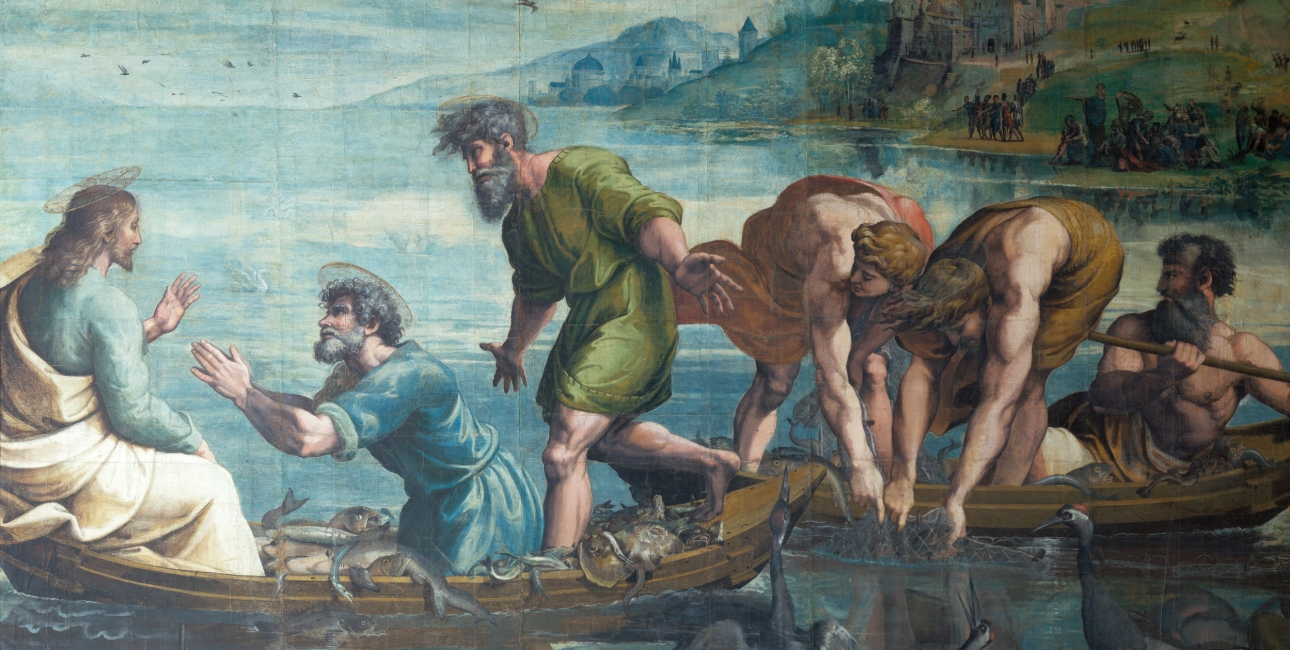 I Lukasevangeliet fortælles det, hvordan Jesus hjælper Peter, Jakob og Johannes til at få en mirakuløs fangst. Maleri af Raphael.