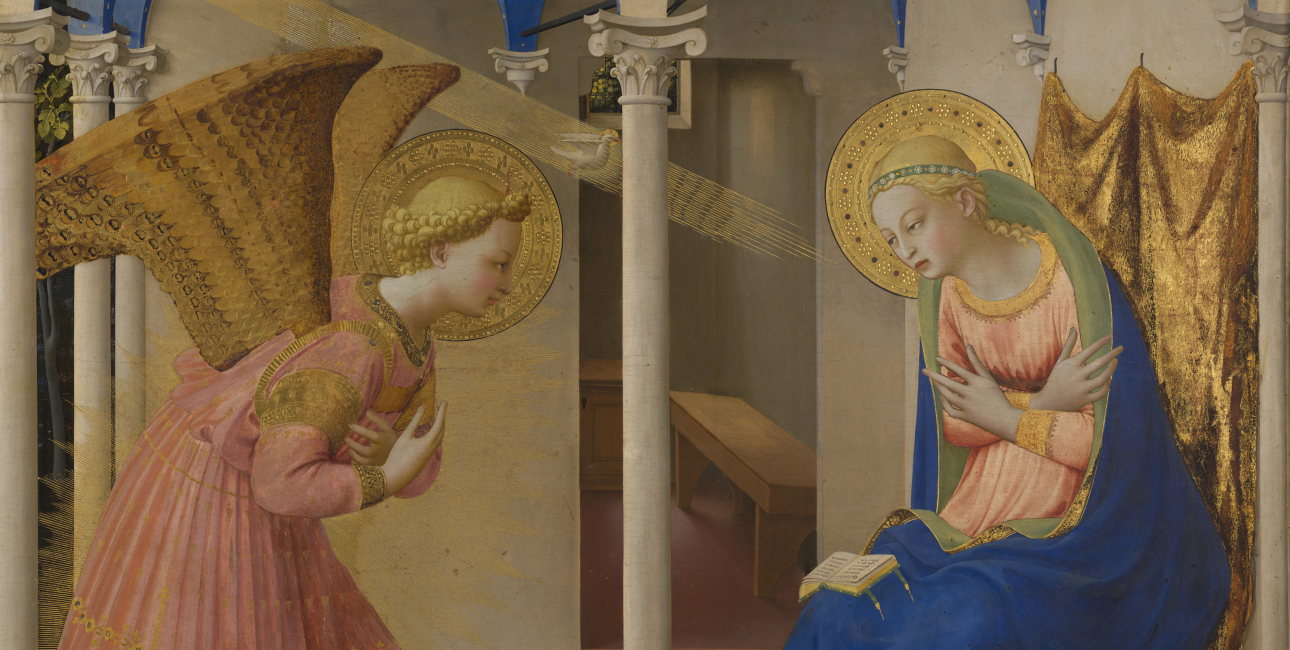Englen Gabriel fortæller Maria, at hun skal føde Guds søn. Fresco af Fra Angelico, ca. 1435. Kilde: Wikimedia Commons.