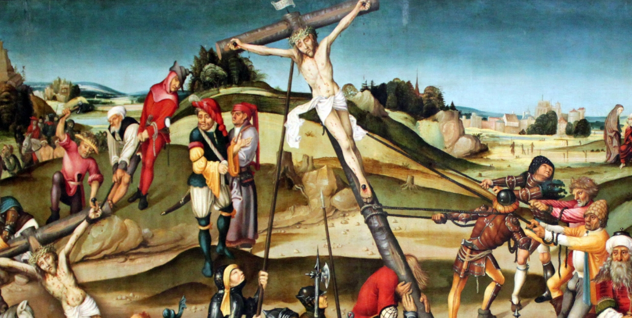 Langfredag bliver Jesus pint og dør på korset. Korset er et af de stærkeste symboler for kristne, da det er et tegn på liv og tro for kristne. Maleriet forestiller Jesus der bliver korsfæstet. Maleri fra Strasbourg.