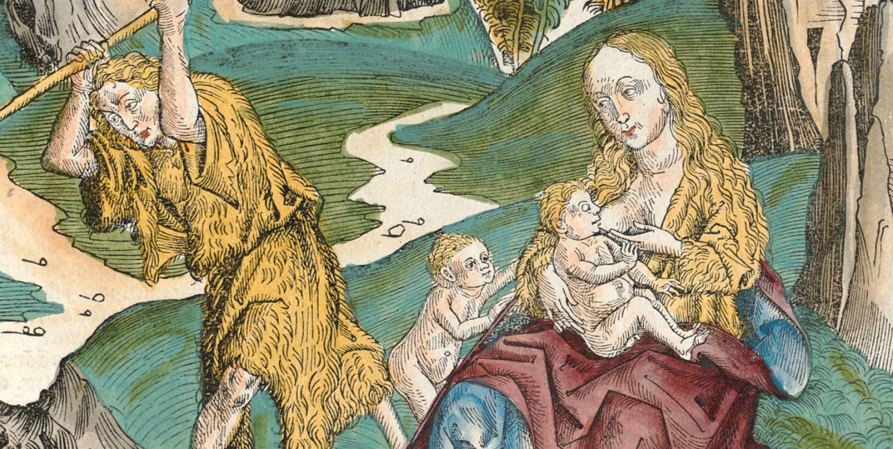 Adam og Eva opfostrer Kain og Abel. Illustration fra Nürnbergkrøniken, 1493. Foto: MD / Alamy Stock Photo.
