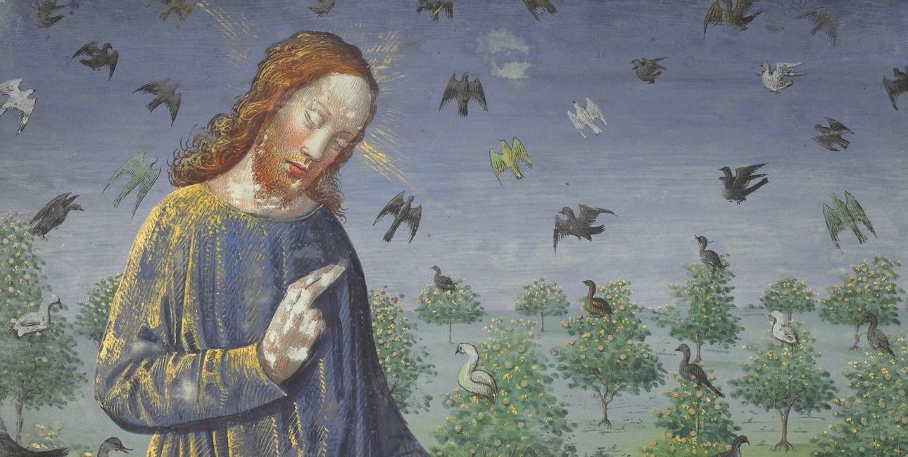 Illustration: "Gud skaber fuglene" fra Heures de Louis de Laval, ca. 1470-1480. Kilde: Wikimedia Commons.