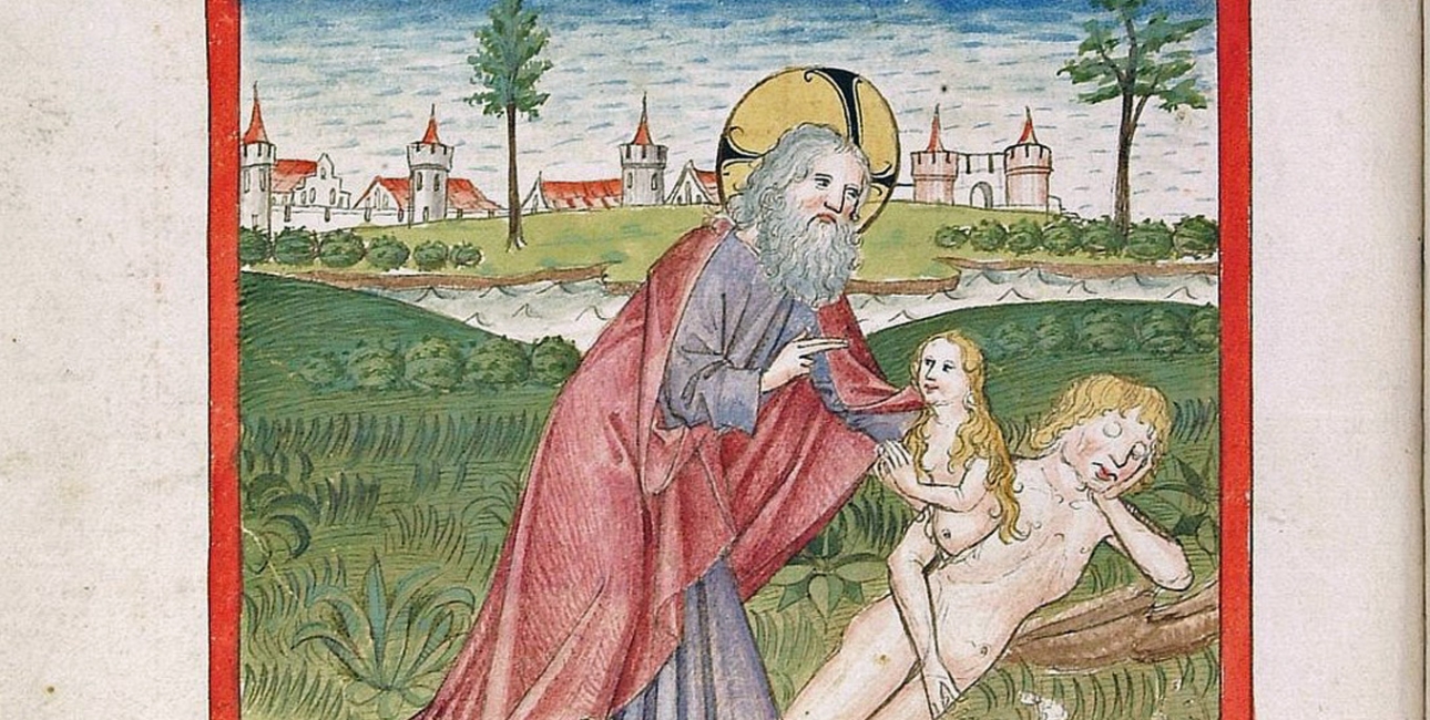 Evas skabelse. Illustration fra Codex Palatinus germanicus 16 (1477). Kilde: Wikimedia Commons.