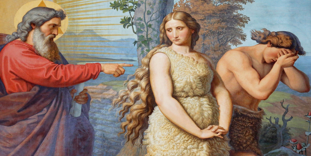 Adam og Eva bliver fordrevet. Illustration: Fresco af Johann von Schraudolph fra Speyerdomen, ca. 1850. Kilde: Shutterstock.