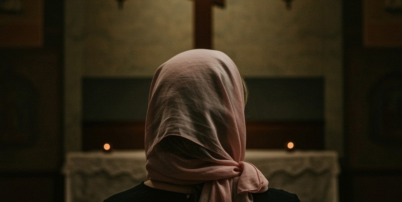 Kvinde med tørklæde i kirke. Illustration: Shutterstock.