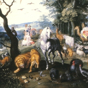 "The animals entering Noah's Ark" af Jan Brueghel, den yngre. Findes på Museum of Lázaro Galdiano, Spanien.