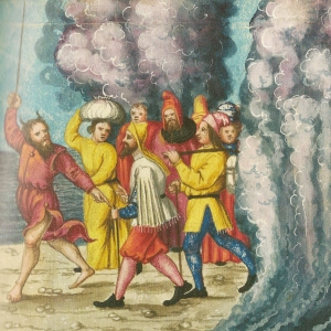 Moses deler vandene i Det røde hav, og israelitterne når tørskoede over, mens egypterne drukner. Augsburger Wunderzeichenbuch, ca. 1552. Kilde: Wikimedia Commons.