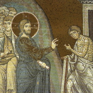 Jesus helbreder den spedalske. Mosaik fra domkirken i Monreale. Kilde: Wikimedia Commons.