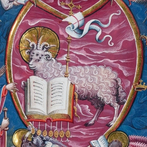 Lammets bog. Illustration fra Apocalypse Flamande, ca. 1400-1410. Kilde: Wikimedia Commons.