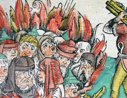 Illustration af jøder, der brændes.