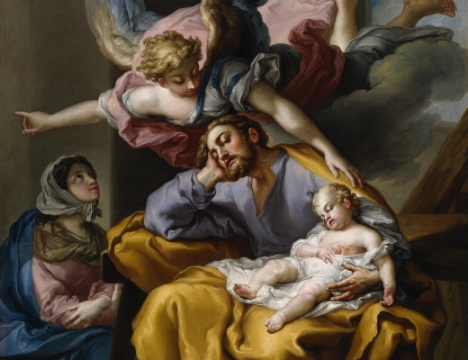 I en drøm siger englen til Josef, at han ikke skal være bange for at tage Maria til sig som sin hustru. Billede: "El sueño de San José" - Josefs Drøm, malet af Vicente López Portaña. Kilde: Wikimedia Commons.