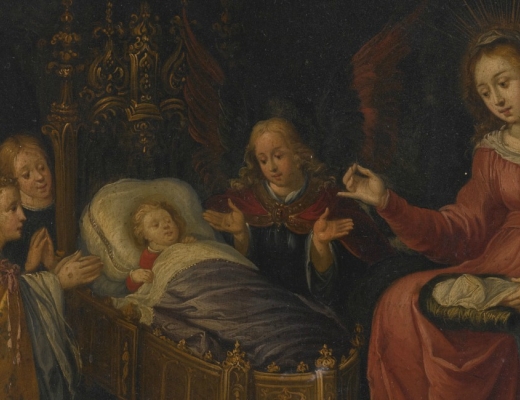 "Madonna and Child with God the Father, the Holy Spitit, and adoring angels" af Pieter Lisaert fra 1600-tallet.