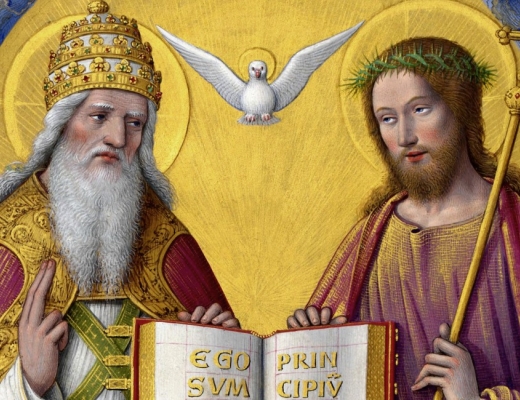 I kristendommen tror man på, at Gud er treenig. Faderen, Sønnen og Helligånden er ikke det samme, men de er samtidig ét. Helligånden afbildes ofte som en due. "The Holy Trinity" fra ca. 1503-1508 af Jean Bourdichon (1457-1521). Foto: Wikimedia commons.