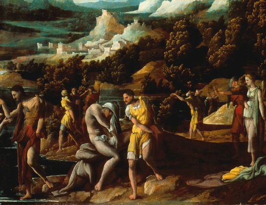 Jesus bliver døbt i Jordanfloden af Johannes Døber. Maleriet er fra ca. 1550 og hedder "The baptism of Christ". Findes på Indianapolis Museum of Art. Foto: Wikimedia commons.