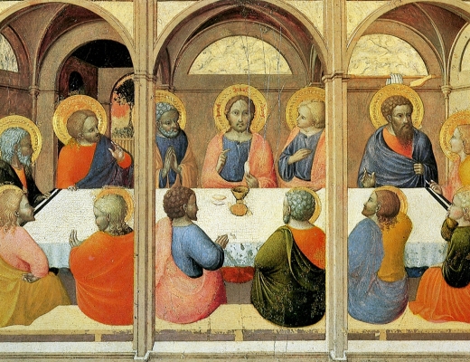 Skærtorsdag, aftenen før Jesus bliver henrettet, spiser han påskemåltidet sammen med disciplene. Dette sidste måltid for Jesus bliver i den kristne kirke det vigtigste måltid: Nadveren. Maleriet er "Den sidste nadver" af Stefano di Giovanni. Kilde: Wikimedia commons.