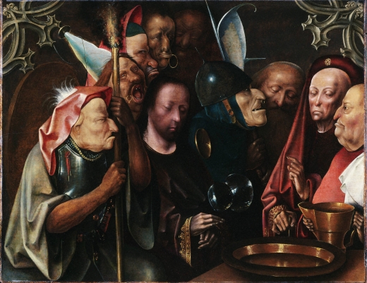 Pontius Pilatus taler med Jesus, og vasker sine hænder. Maleri af Hieronymus Bosch.