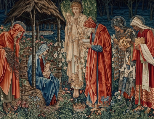 De helligtrekonger bringer gaver til Jesusbarnet. Gobelin af Edward Burne-Jones.