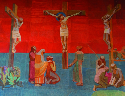 Langfredag dør Jesus på korset. Det er en dag fyldt med smerte og sorg, men ud af sorgen vokser livet. Illustration: Altervæggen fra Lindevang Kirke, maleri af Jens Urup.