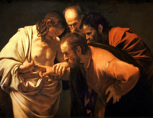 Da de andre disciple fortæller Thomas, at de har set den opstandne Kristus, vil Thomas kun tro det, hvis han selv kan stikke fingrene i Jesus’ sår. Han vil selv kunne sikre sig, at det faktisk er Jesus. Maleri af Caravaggio, 1602. Kilde: Wikimedia Commons.