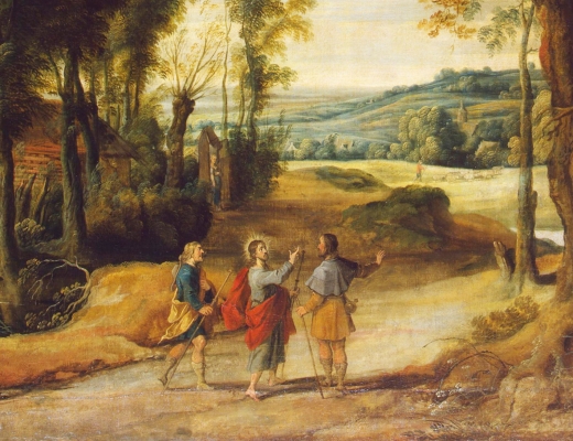 I Lukasevangeliet fortælles det, hvordan to af disciplene får følgeskab af en fremmed på vejen til byen Emmaus. Den fremmede er den opstandne Jesus. Anden påskedag fejrer man i den danske folkekirke dagen, hvor den opstandne Jesus viser sig for disciplene. Maleri af Jan Wildens.