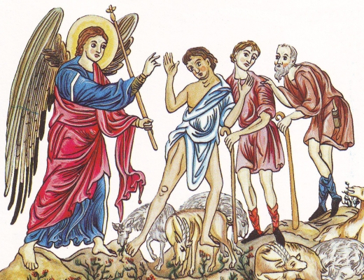 Hyrderne og englene på marken. Illustration fra det middelalderlige manuskript Hortus Deliciarum, ca. 1185. Kilde: Wikimedia Commons.