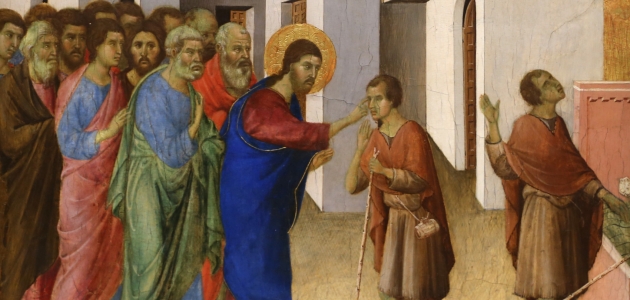 Jesus helbreder en blind. Maleri af Duccio di Buoninsegna.