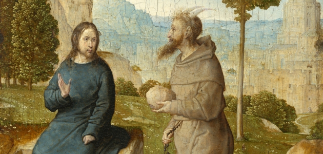 Djævelen frister Jesus: "Hvis du er Guds søn, så sig, at stenene her skal blive til brød." Maleri af Juan de Flandes, ca. 1500.