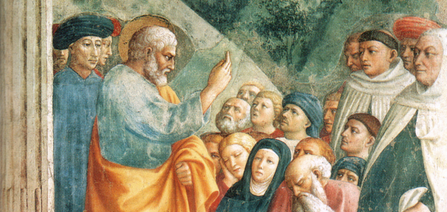 Peter prædiker. Fresco af Masolino da Panicale, 1426-27. Kilde: Wikimedia Commons.