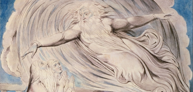 Gud taler til Job inde fra stormen. Illustration af William Blake, ca. 1803. Kilde: Wikimedia Commons.