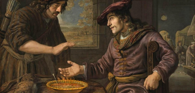 Esau sælger sin førstefødselsret til Jakob for en skål linser. Maleri af Jan Victors, 1653. Foto: ARTGEN / Alamy Stock Photo.