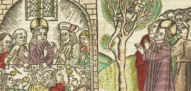Til venstre: Jesus er gæst hos Zakæus. Til højre: Zakæus i træet. Hollandsk illustration fra ca. 1490.