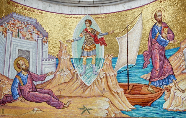 Paulus' ankomst til Kavala/Neapolis. Mosaik foran Agios Nikolaos kirken i Kavala. Foto: Shutterstock / Harris M.