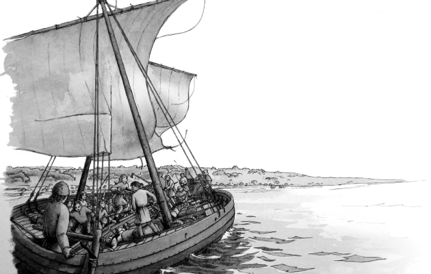 Ansgar og hans rejsekammerat Vitmar overfaldes af vikinger på deres rejse til Sverige. Illustration: Claus Muldstrup.