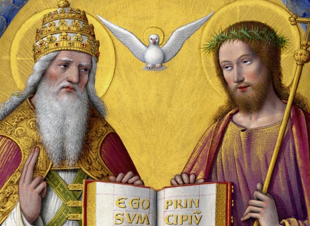 I kristendommen tror man på, at Gud er treenig. Faderen, Sønnen og Helligånden er ikke det samme, men de er samtidig ét. Helligånden afbildes ofte som en due. "The Holy Trinity" fra ca. 1503-1508 af Jean Bourdichon (1457-1521). Foto: Wikimedia commons.