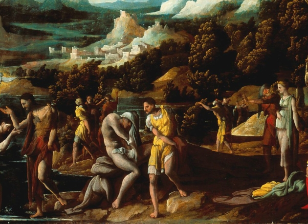 Jesus bliver døbt i Jordanfloden af Johannes Døber. Maleriet er fra ca. 1550 og hedder "The baptism of Christ". Findes på Indianapolis Museum of Art. Foto: Wikimedia commons.