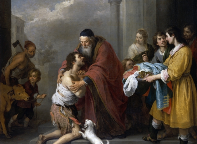 Oliemaleri af Bartolomé Esteban Murillo fra 1960´erne, som forestiller den kærlige og betingelsesløse velkomst, som den fortabte søn får af sin far, da sønnen vender hjem efter at have ødslet hele sin fars arv bort. Foto: Wikimedia Commons.