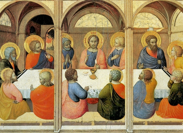 Skærtorsdag, aftenen før Jesus bliver henrettet, spiser han påskemåltidet sammen med disciplene. Dette sidste måltid for Jesus bliver i den kristne kirke det vigtigste måltid: Nadveren. Maleriet er "Den sidste nadver" af Stefano di Giovanni. Kilde: Wikimedia commons.