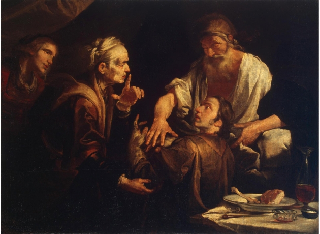 Med hjælp fra sin mor snyder Jakob sin gamle far Isak, så det er Jakob, der får sin fars velsignelse og førstefødselsretten - og ikke Esau, som det burde være. Maleri af Gioachino Assereto.