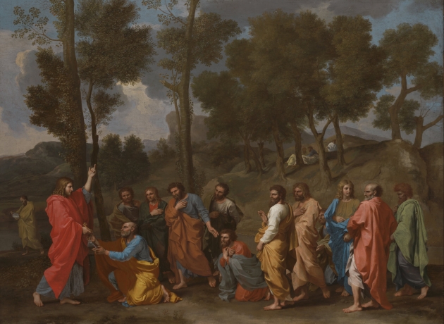 Jesus overdrager i Matthæusevangeliet de to nøgler til Himmeriget til Peter. Maleri af Nicolas Poussin. Foto: Wikimedia Commons