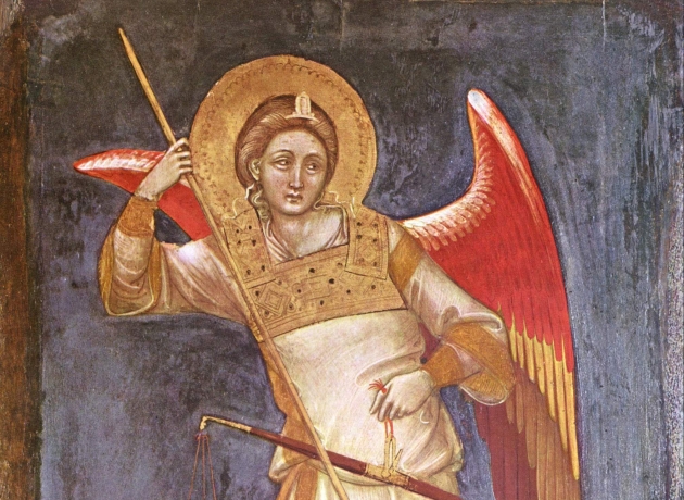 I middelalderen blev ærkeenglen Mikael ofte afbildet med en vægt i hånden. På den ene vægtskål lå ens syndige gerninger, og på den anden vægtskål lå sjælen. Men selvom de onde gerninger vejede tungest, var der alligevel hjælp at hente. Mikael prøvede nemlig at holde det onde væk. Maleri af Guariento di Arpo, Wikimedia Commons.