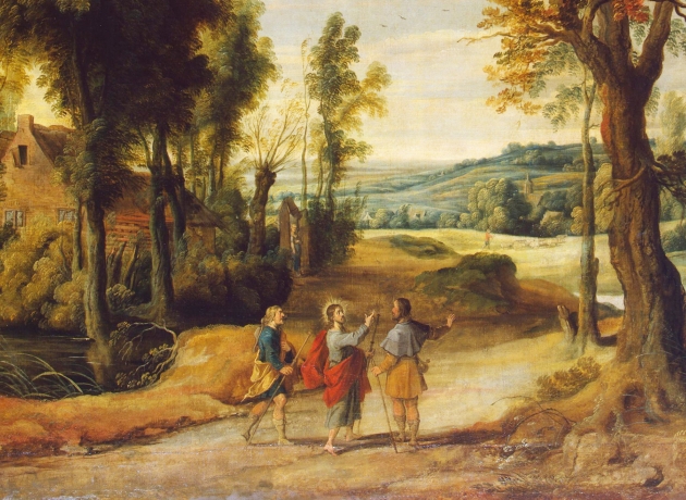 I Lukasevangeliet fortælles det, hvordan to af disciplene får følgeskab af en fremmed på vejen til byen Emmaus. Den fremmede er den opstandne Jesus. Anden påskedag fejrer man i den danske folkekirke dagen, hvor den opstandne Jesus viser sig for disciplene. Maleri af Jan Wildens.