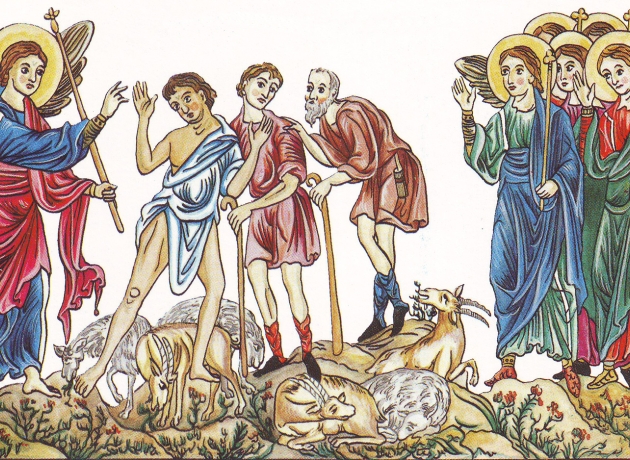 Hyrderne og englene på marken. Illustration fra det middelalderlige manuskript Hortus Deliciarum, ca. 1185. Kilde: Wikimedia Commons.