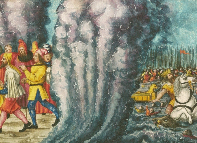 Moses deler vandene i Det røde hav, og israelitterne når tørskoede over, mens egypterne drukner. Augsburger Wunderzeichenbuch, ca. 1552. Kilde: Wikimedia Commons.
