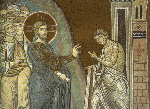 Jesus helbreder den spedalske. Mosaik fra domkirken i Monreale. Kilde: Wikimedia Commons.