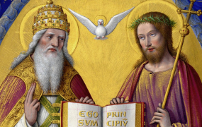 I kristendommen tror man på, at Gud er treenig. Faderen, Sønnen og Helligånden er ikke det samme, men de er samtidig ét. Helligånden afbildes ofte som en due. "The Holy Trinity" fra ca. 1503-1508 af Jean Bourdichon (1457-1521). Foto: Wikimedia commons.